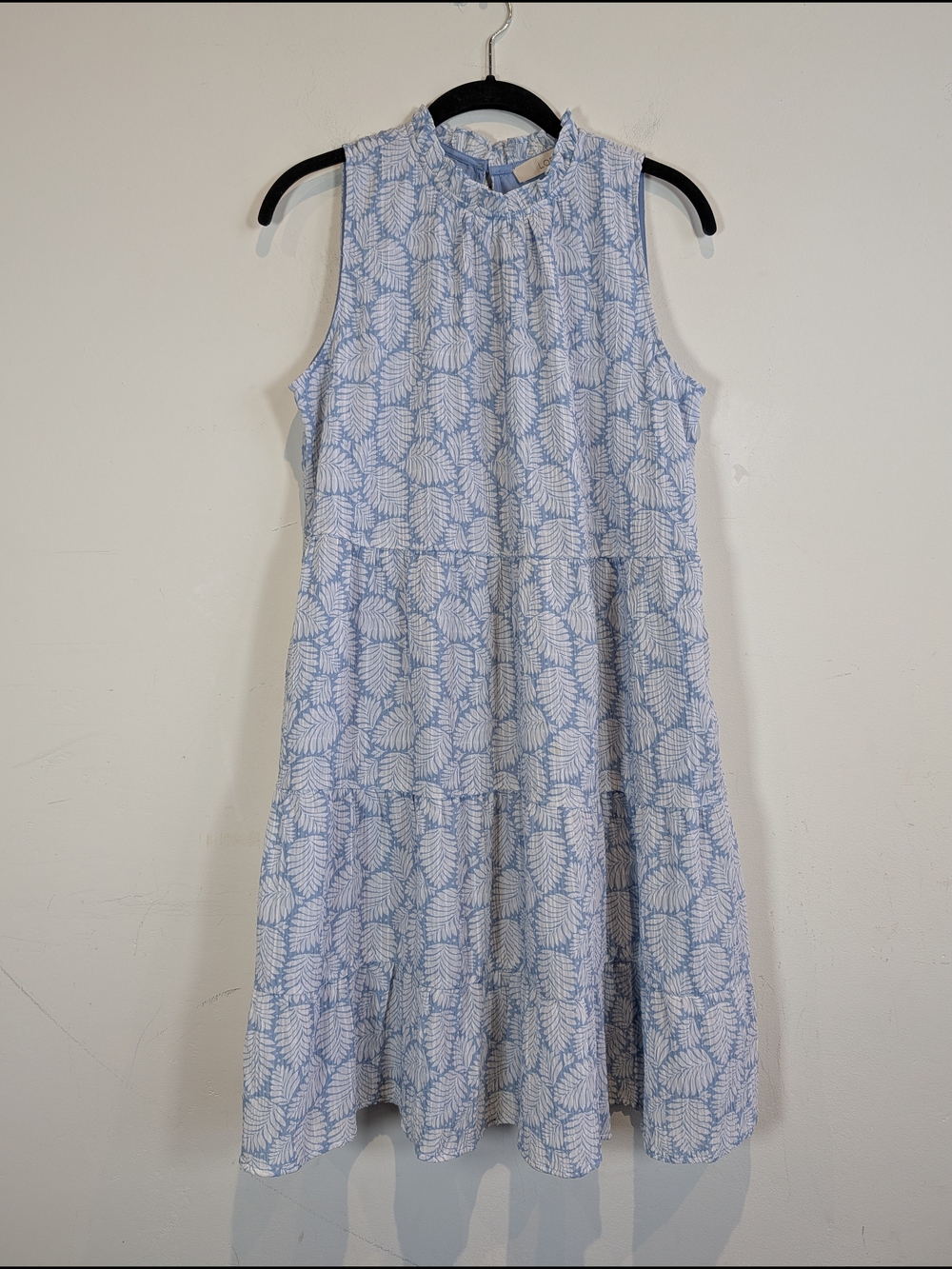 LOFT Light Blue Leaf-Print Ruffle Sleeveless Dress, Size S